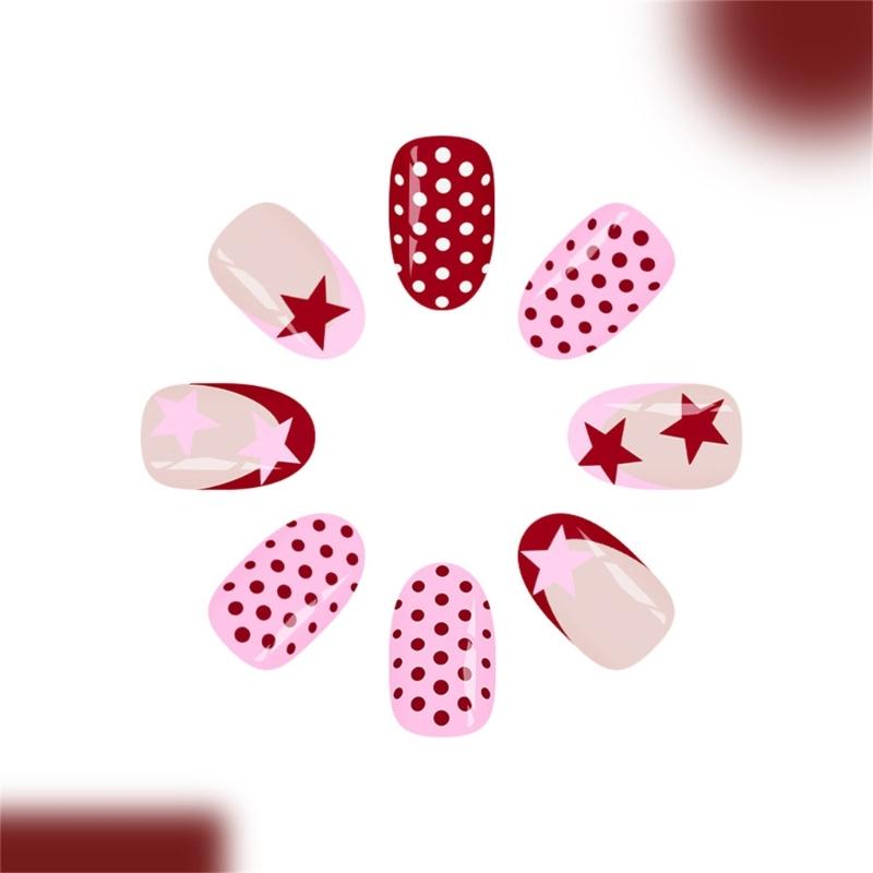 24Pieces Elegant French Tip Presses On Nail Glossy Oval Short Shape Red Pink Polkas Dots Design