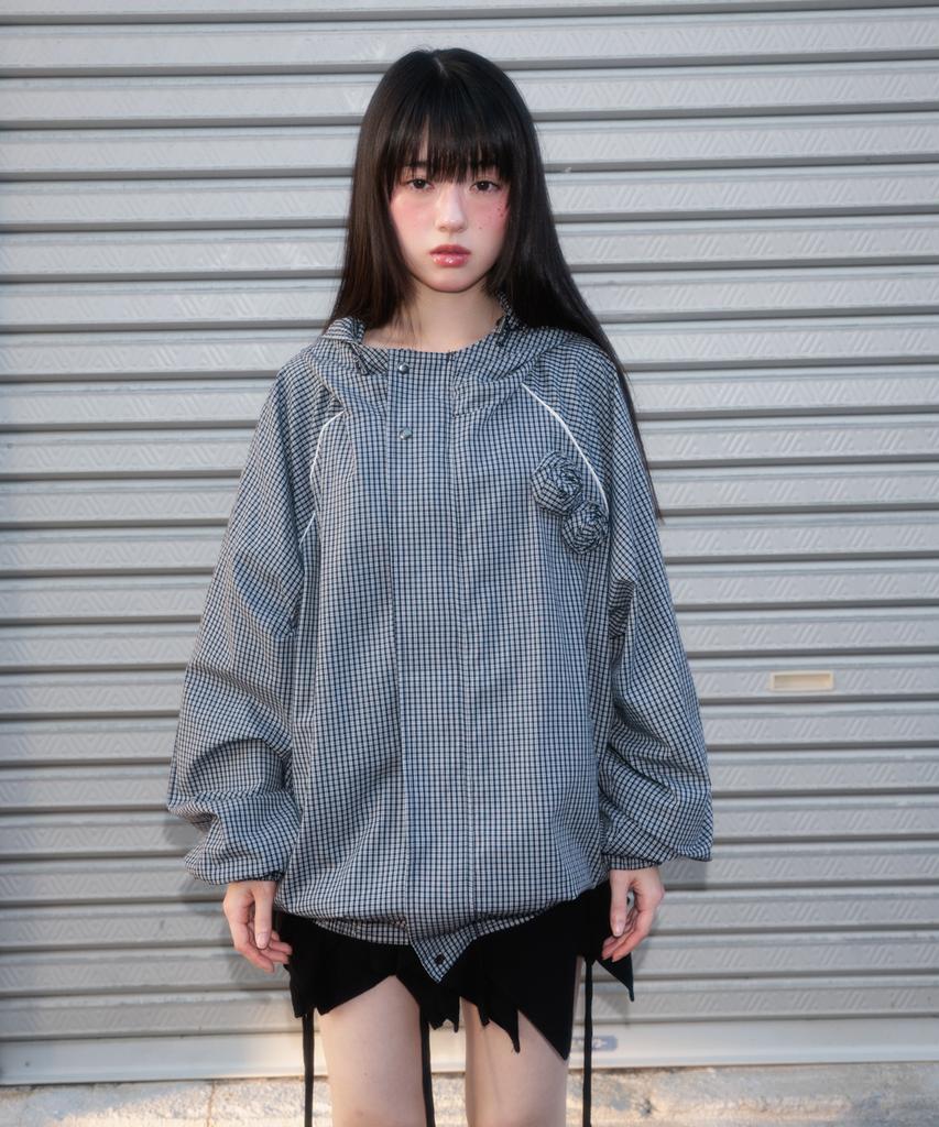 ROSEFRANTZ Rose Corsage Check Windbreaker [Navy]