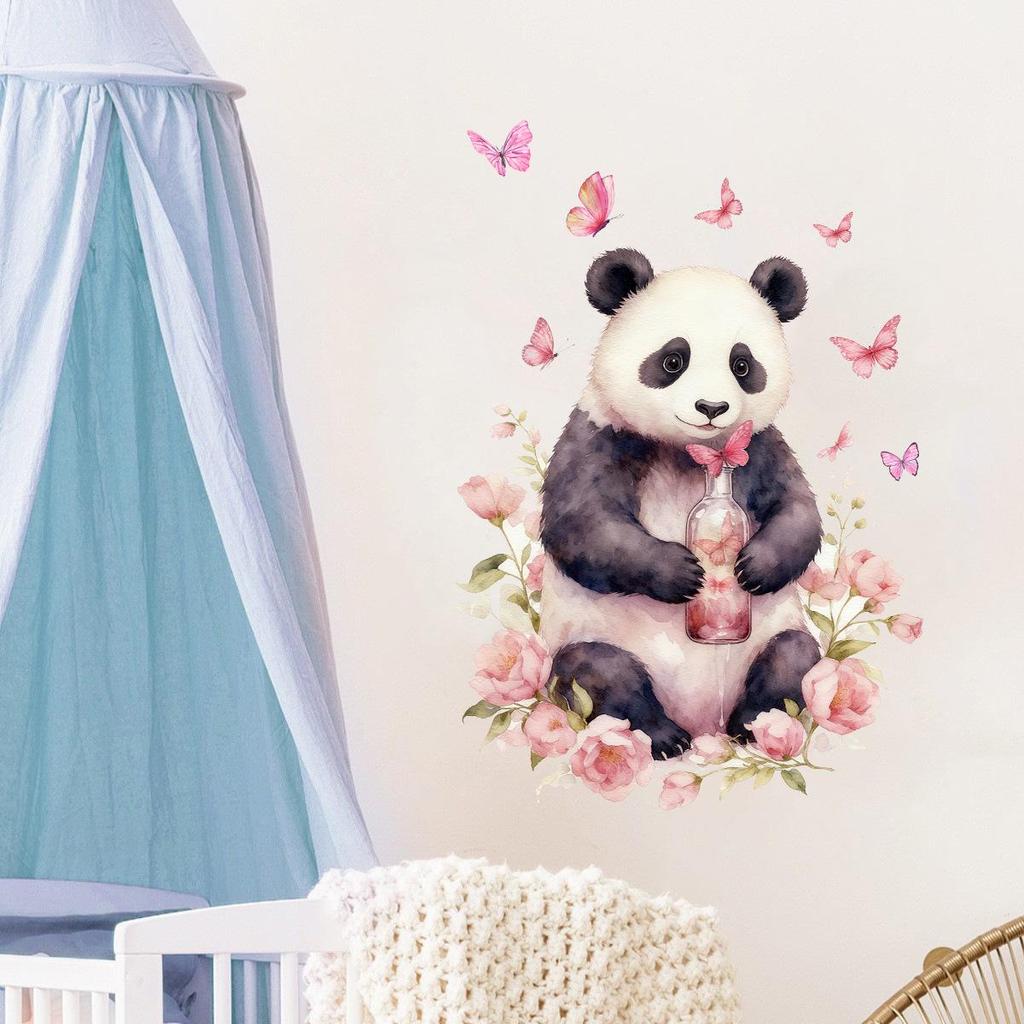 Cartoon Panda & Romantic Rose Butterfly Wall Sticker for Children's Bedroom - PVC Decor
