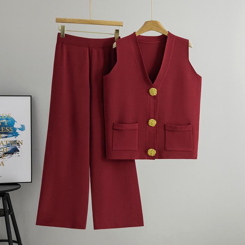 2025 Letní Móda Dvoudílný Pletený Vesta na Knoflíky & Sada Dlouhých Kalhot