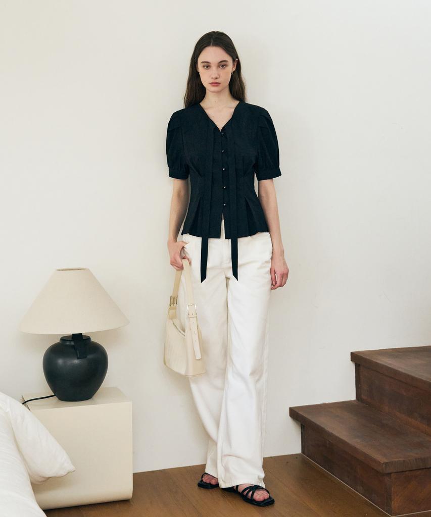 Deuloupisumeon Tuck Puff Short Sleeve Tie Blouse [Sky Blue]