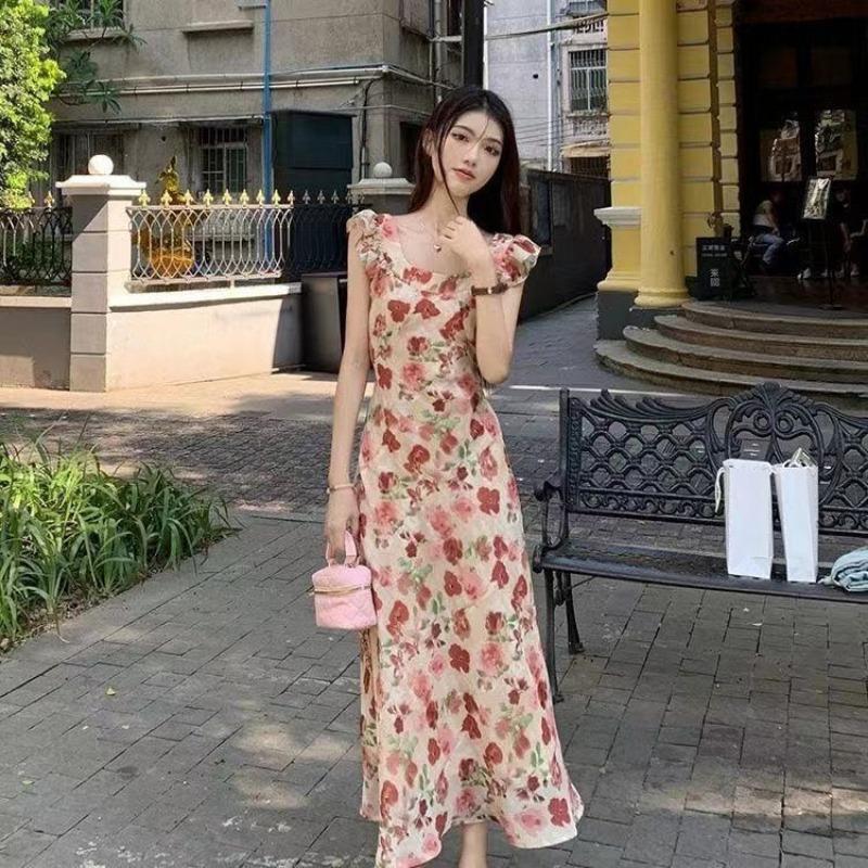 French Style Retro Floral Dress Women's Summer New Flying Sleeve Tight Waist Slimming A- Line Long Dress