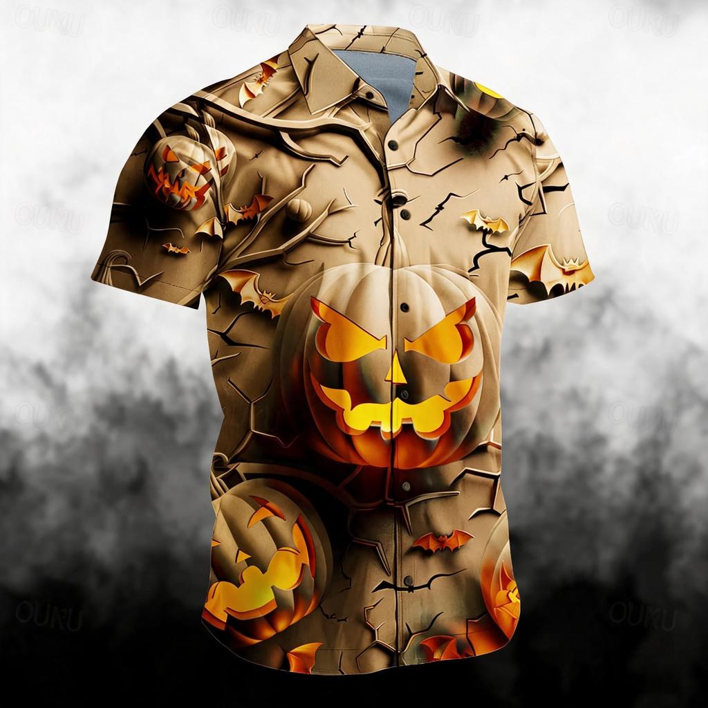 Men's Casual Short Sleeve Halloween Print Open Sleeve Shirt for Costume Parties and Casual Outings