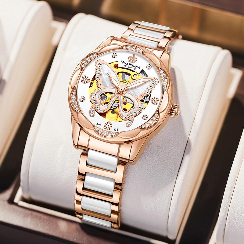 Fashion Women Mechanical Watch Waterproof Luxury Brand Ladies Automatic WristWatch Ceramic Hollow Clock