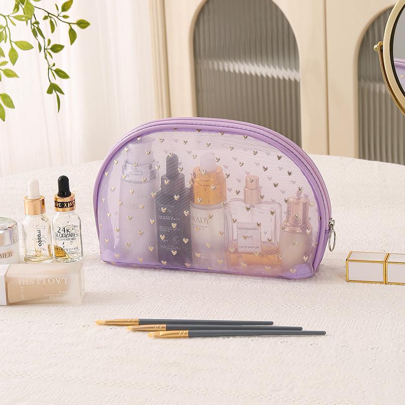 Mesh Flocked Heart Tote: Large, Washable, Transparent Handheld Makeup & Storage Bag