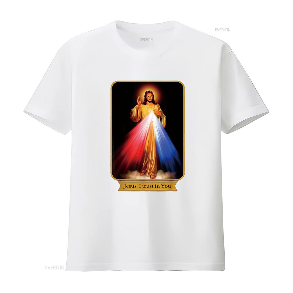 Gesù Misericordioso Confido in Te Maglietta Cattolica vintage Lavata Morbida Traspirante grafica Elasticizzata streetwear Comoda