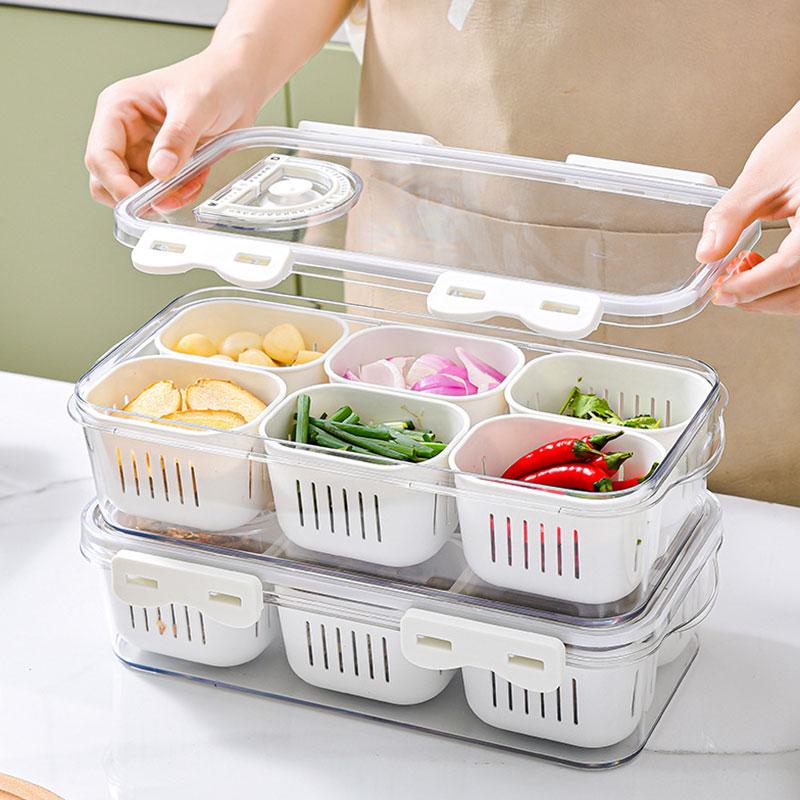 Multifunction Fridge Organizer Storage Box with Draining Baskets, Fridge Storage Boxes Containers Transparent PET with Lids