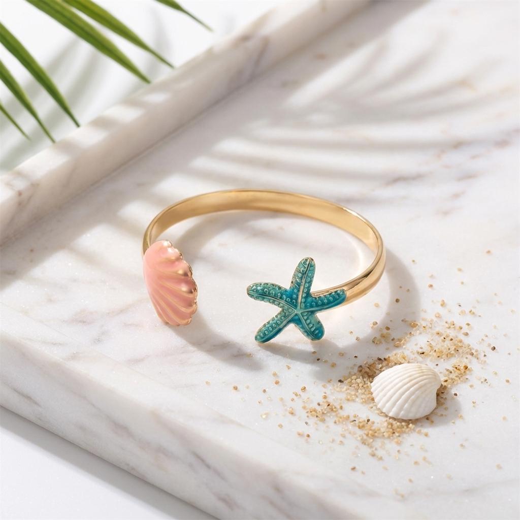 Classic Ocean Element Open Cuff Bracelets for Women Vintage Punk Starfish Shell Bangle Summer Beach Party Jewelry Gifts