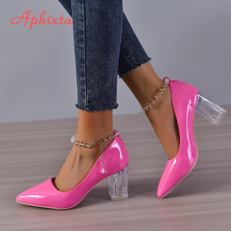 Aphixta 2025 New Luxury Transparent Bead Chain 7cm Transparent Chunky Heels Pumps Women Shoes String Bead Pointed Toe Pumps