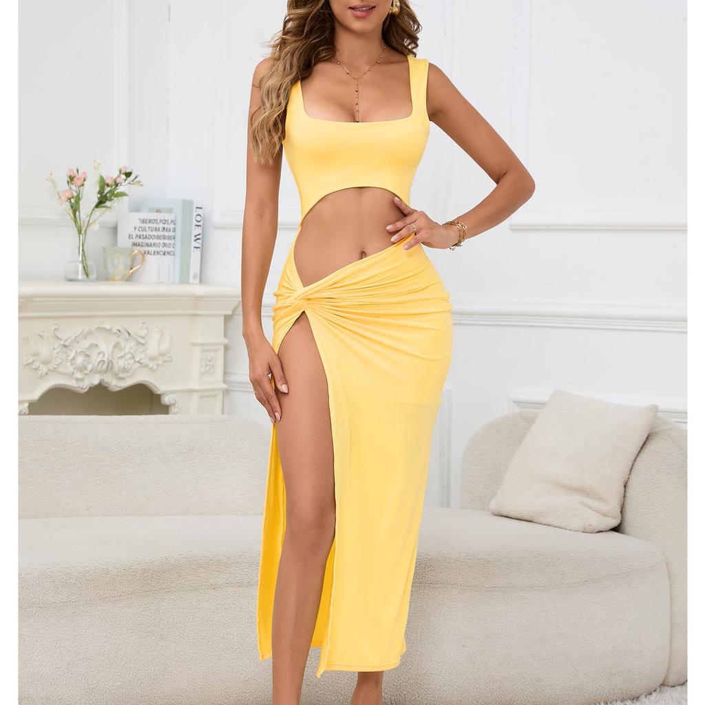 Women Long Dress Solid Color Hollow Navel Sexy Dress