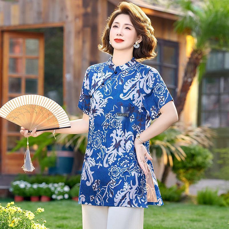 

National New Chinese Frog Button Short Sleeve Summer 2026 Women s Mid-Length Belly Cover T-Shirt 2XL (For 105-120 jin) синій