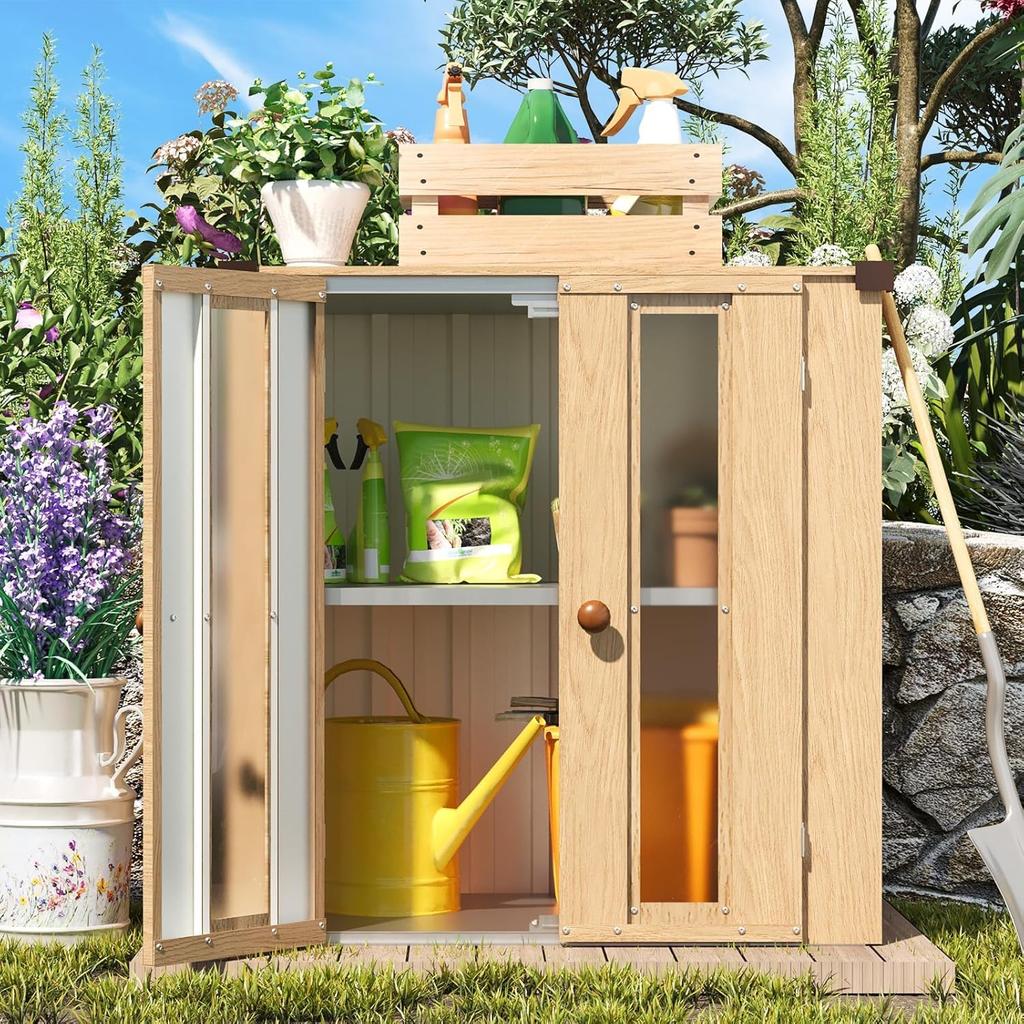YODOLLA Outdoor Metal Vertical Storage Cabinet, Waterproof Small Tool Cupboard for Backyard Garden - Wooden