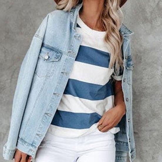 T-shirt ample à manches courtes et col rond pour femmes, rayé bleu et blanc imprimé, blouse d'été streetwear