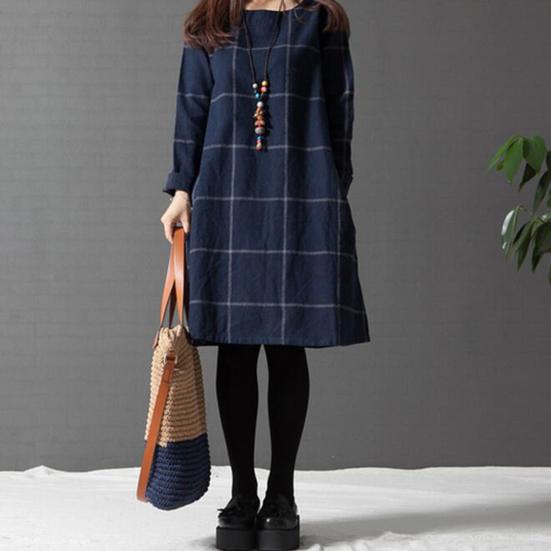 Women's Vintage Plaid Dress Casual Long Sleeve Cotton Linen Dress Fall Loose Fit Checkered Crew Neck Tunic Midi Dress