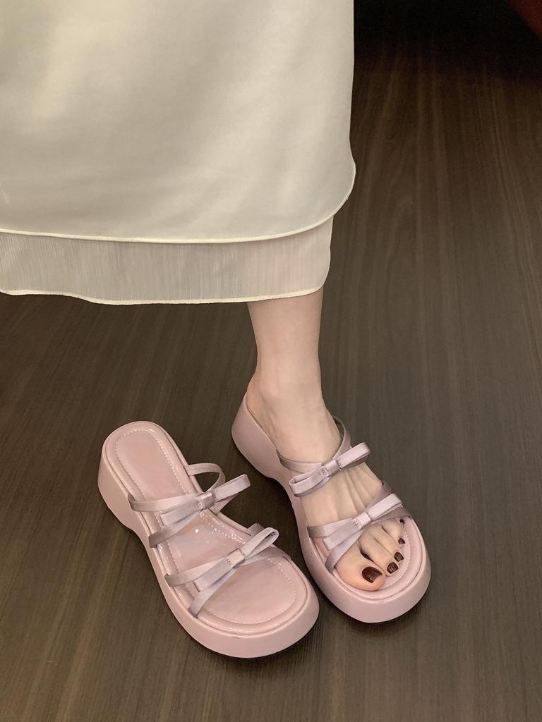 Beautiful bow with platform slippers for women's summer wear open-toed wedge heels sandals high heels