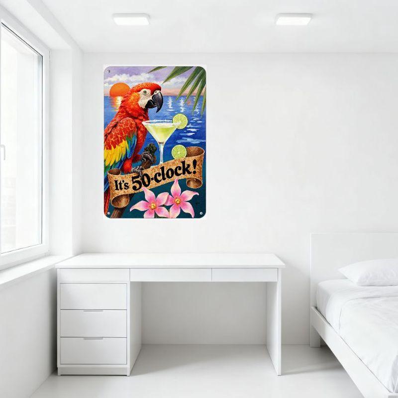 Tropical Parrot & Margarita It’s 50-Clock Metal Tin Sign Vintage Retro Wall Decor for Bar Cafe Home Office Art Plaque