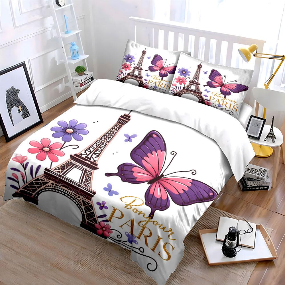 Eiffel Tower Butterfly Design Bedding Duvet Cover Set (1*Duvet Cover 2*Pillowcases, without duvet insert)