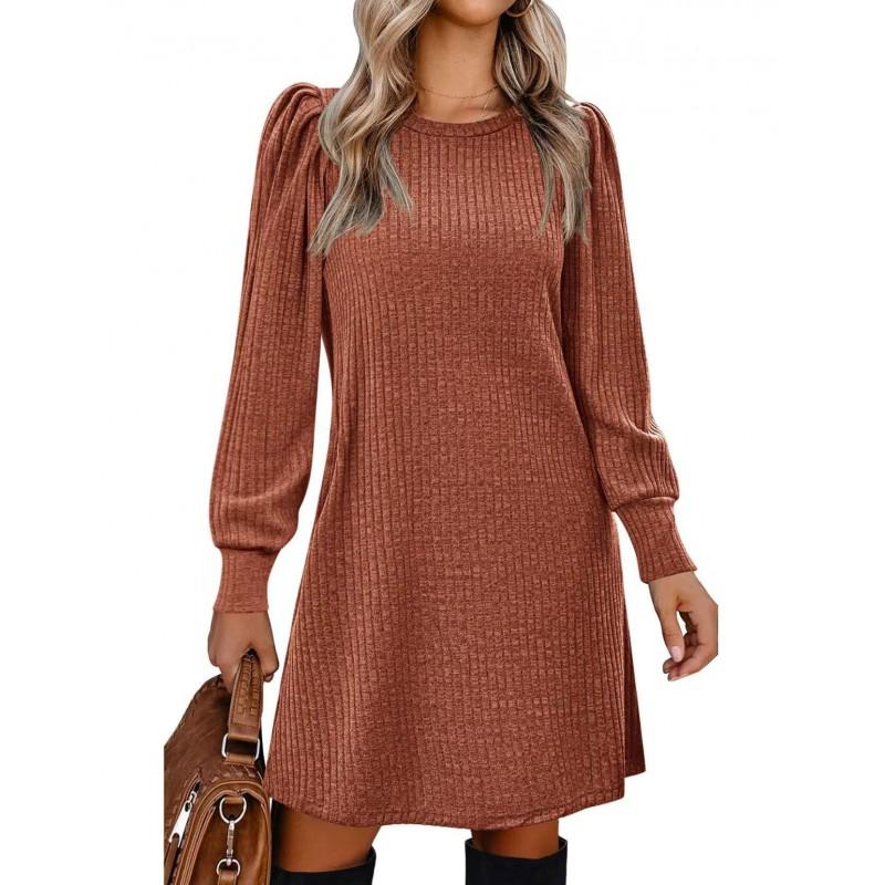 Womens Knit Midi Dress With Puff Sleeves Loose Fit Round Neck Casual A-Line Pocket