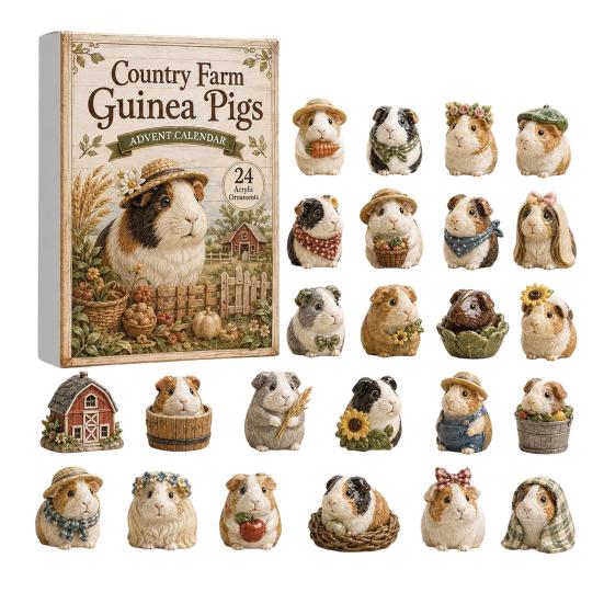 Retro Pastorale Stil Dekorations-Weihnachts-Adventskalender mit 24 Meerschweinchen, Gartenthema Niedliches Geschenk für Meerschweinchen-Liebhaber Tierfiguren, Dekorativ