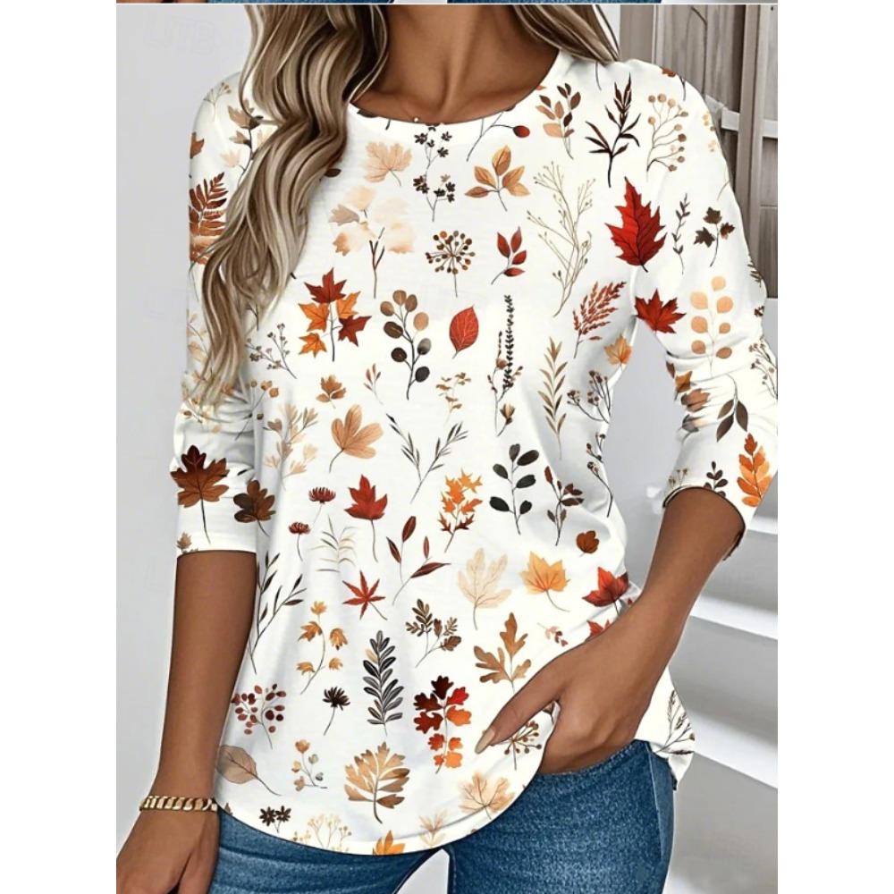 Hauts pour Femmes Imprimé Floral Col Rond Manches Longues T-shirt Automne Décontracté Ajusté Pull Haut à Manches Longues pour Femme