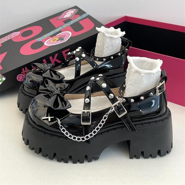 Punk Style Lolita Shoes Fashionable Rivet Design Shallow Mouth Leather Shoes for Women Summer Bow Thick Soled Tall Single Shoes