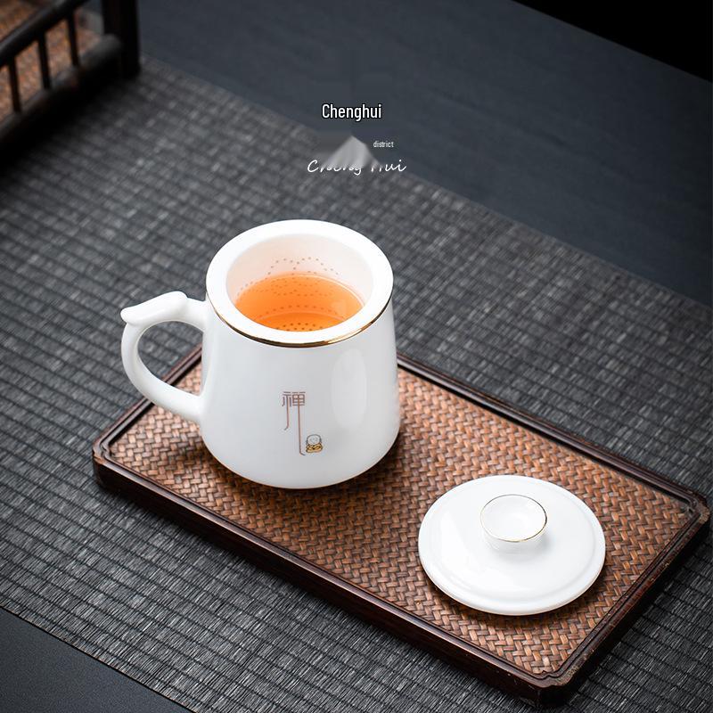 White Porcelain Office Tea Cup with Filter – Mutton Fat Design for Personal Use and Gift