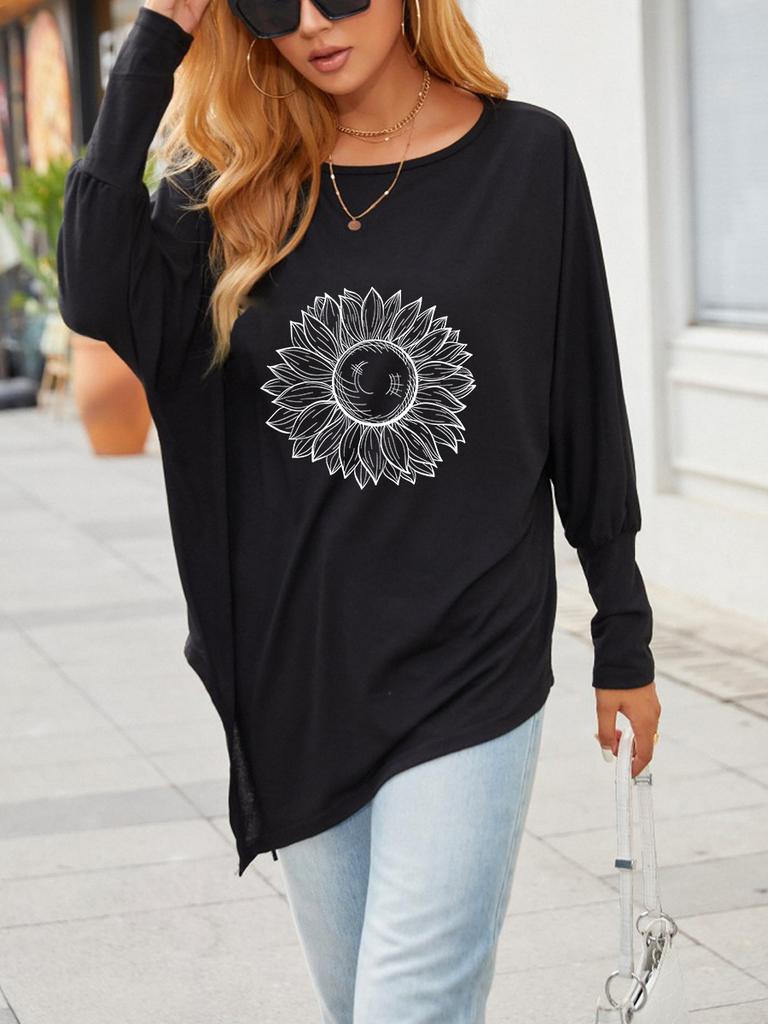 Women's Spring/Fall Asymmetrical Hem T-Shirt Fashion Printed Logn Sleeve Top Women's Oversize Long-Sleeve