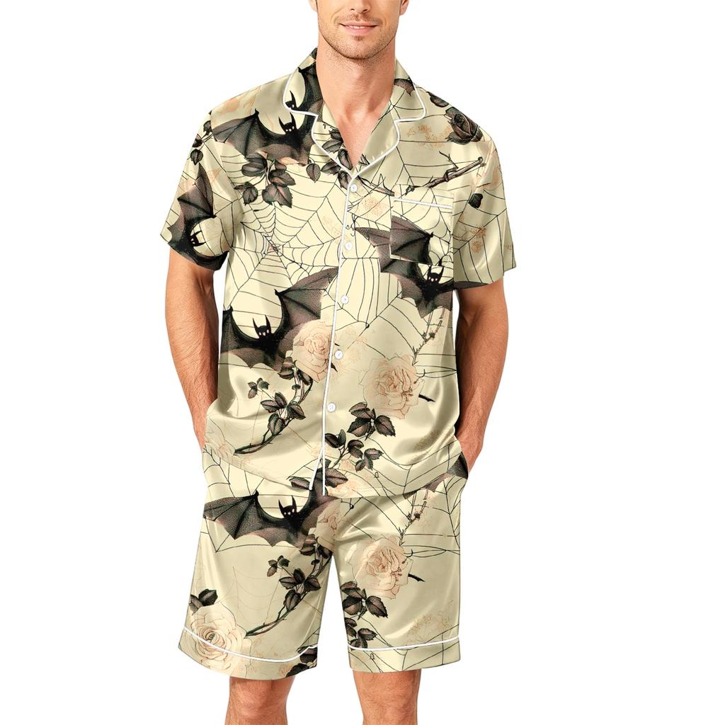 Men's Short Sleeve Pajama Set Button Down Shirt with Hemmed Shorts Soft Casual Sleepwear Lounge Set Available In Sizes S To XXXXL