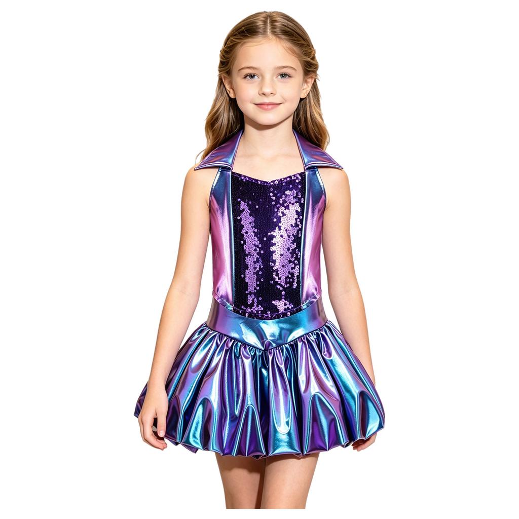 Children‘s Glitter Front Sequins Halter Sleeveless Backless Metallic Shiny Top with Skirt for Stage Show Recital Costume