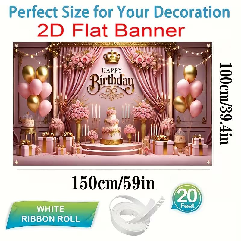 2D Flat Banner Birthday Backdrop Pink Gold Royal for Girls & Women Themed Party Photos