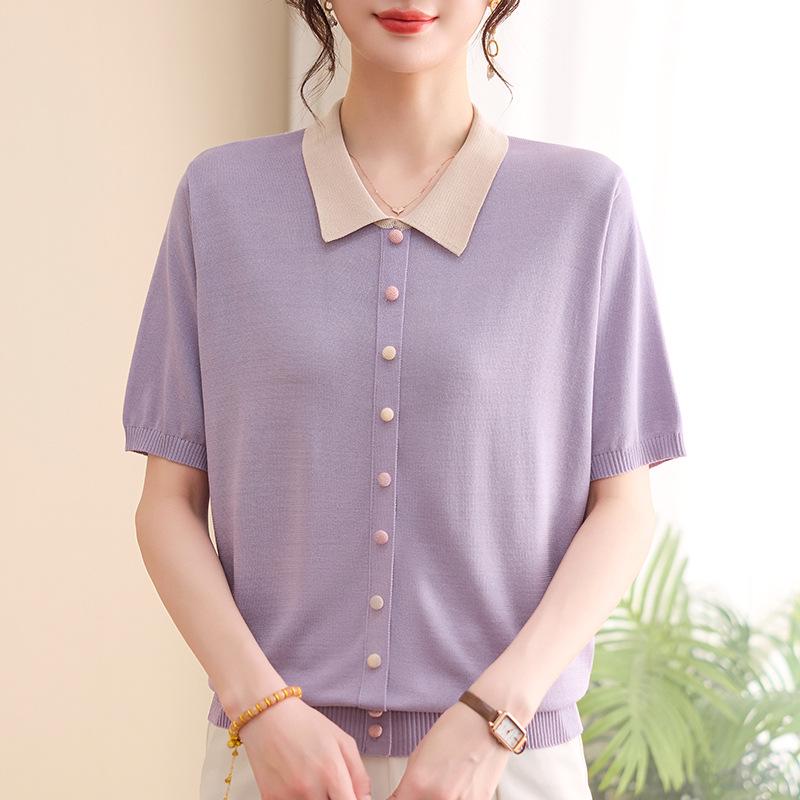 

Mom s Summer Short Sleeve Ice Silk Blouse for Middle-aged and Elderly Women - Stylish Doll Collar Knit Top 4XL (for 135-150 jin) фіолетовий