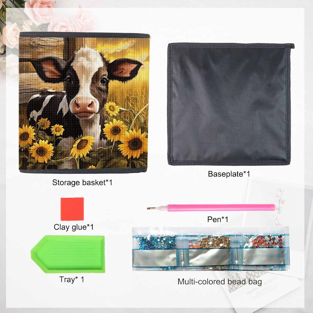Blumen und Kühe 5D Diamantmalerei Aufbewahrungskorb Voll Runde Bohrer Mosaik Diamantstickerei Kreuzstich-Sets Heimdekor Heimdekor