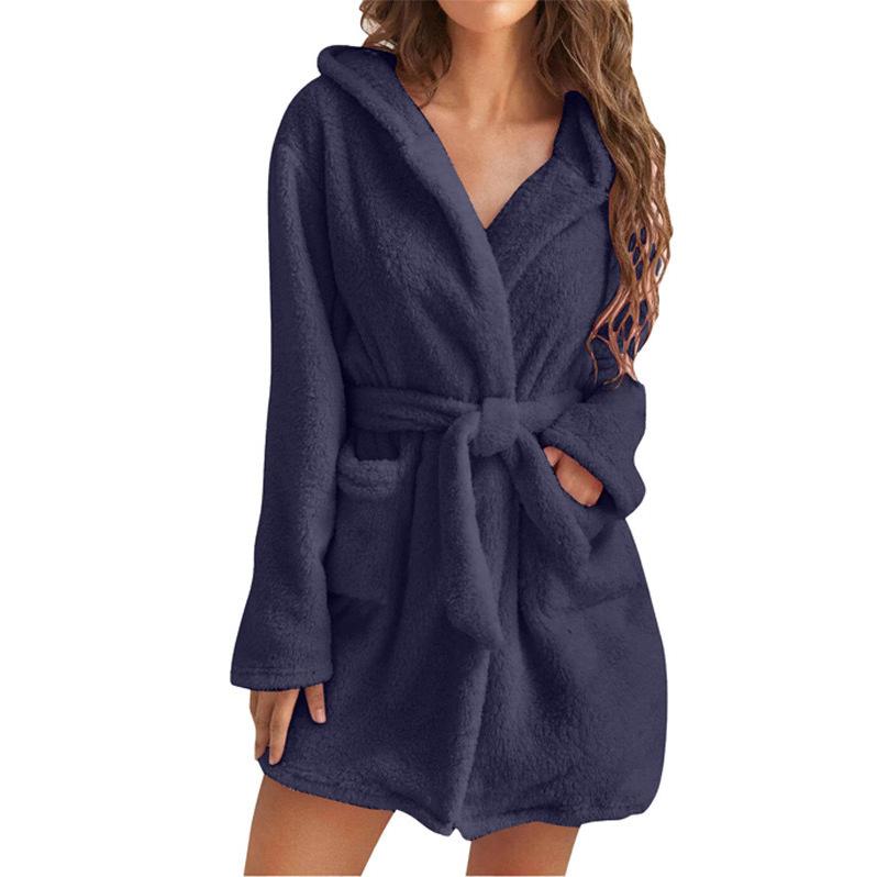 Women's Autumn and Winter Warm Plush Lace Up Cardigan Hooded Mid Length Jacket