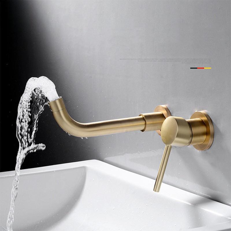 Rubinetto da Cucina a Parete Rubinetto per Lavabo da Bagno Ottone Massiccio Oro Spazzolato Miscelatore Acqua Calda Fredda Rubinetto con Beccuccio Girevole per Lavabo