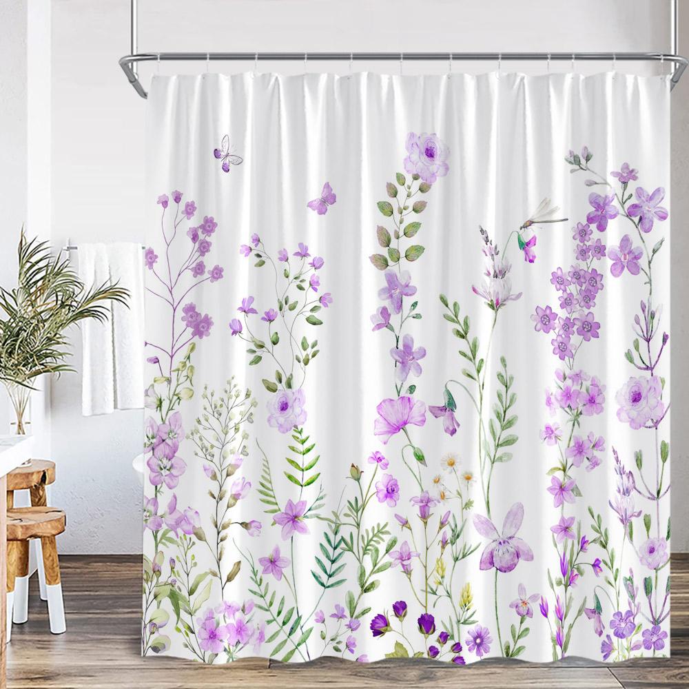 Floral Leaf Shower Curtain Green Leaves Colorful Flower Plant Nordic Bathroom Decor Modern Polyester Bath Curtain With Hook