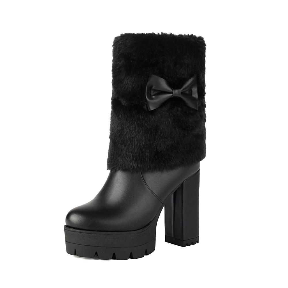 

Женские меховые ботильоны на платформе, обувь, модный бант, высокий каблук 11 см, белые, черные, осенне-зимние, короткие ботинки, женские, большой размер 34-50 35