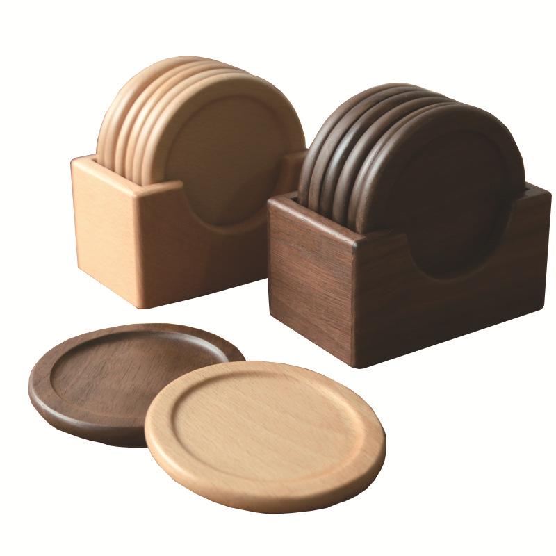 Japanese Black Walnut Coaster Set: Solid Wood Round Placemats with Insulated Pads, 6-Piece Boxed with Engraved Logo and Bottom Tray.