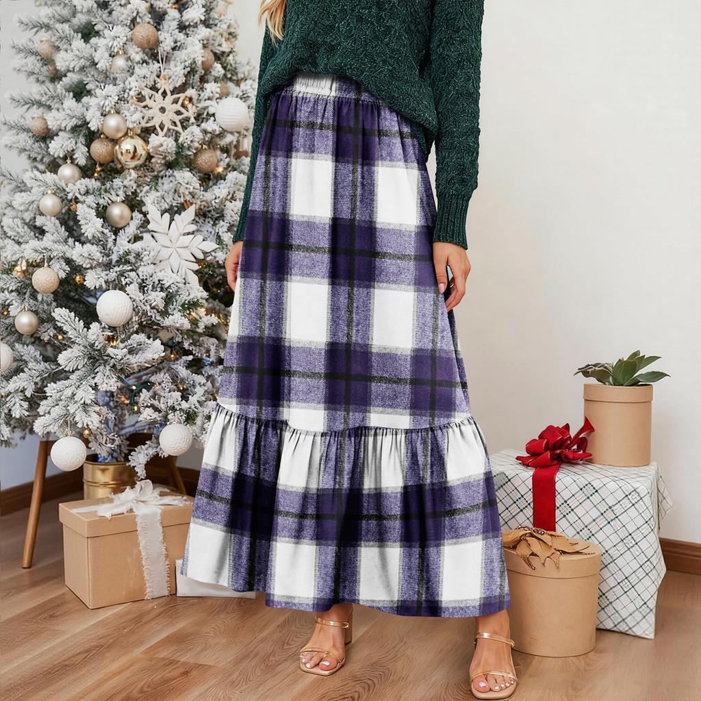 Women's Ruffled Casual Long Skirt Plaid Skirt Retro Pleated Skirt