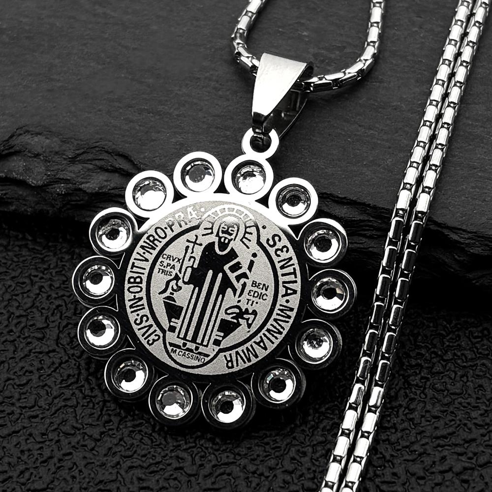 Catholic Rhinestones Saint Benedict Medal Pendant Necklace for Women Men Stainless Steel Gold Color San Benito Chain Jewelry