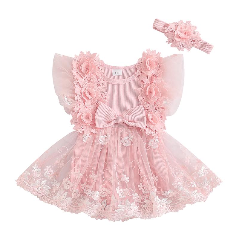 Summer Baby Girls Romper Dress Casual Sleeveless 3D Flower Embroidery Mesh Jumpsuit Fashion Newborn Clothes 0-3M