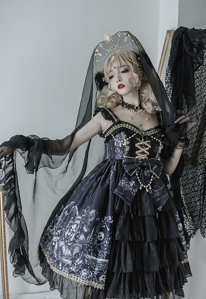 Gothic Lolita JSK Jumper Skirt with Ribbon and Sickly Gothic Mori Idol Size M [XHSUKADO] Lace, Lace-Up, Women's Dress, Cute, Ruffled, Style, Girl,