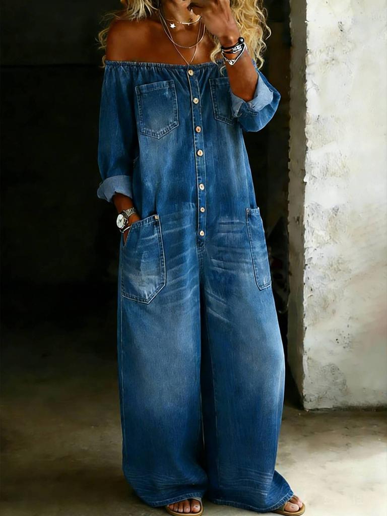 Tuta da Donna Senza Spalle con Bottoni Frontali Gamba Larga Look Denim Romper