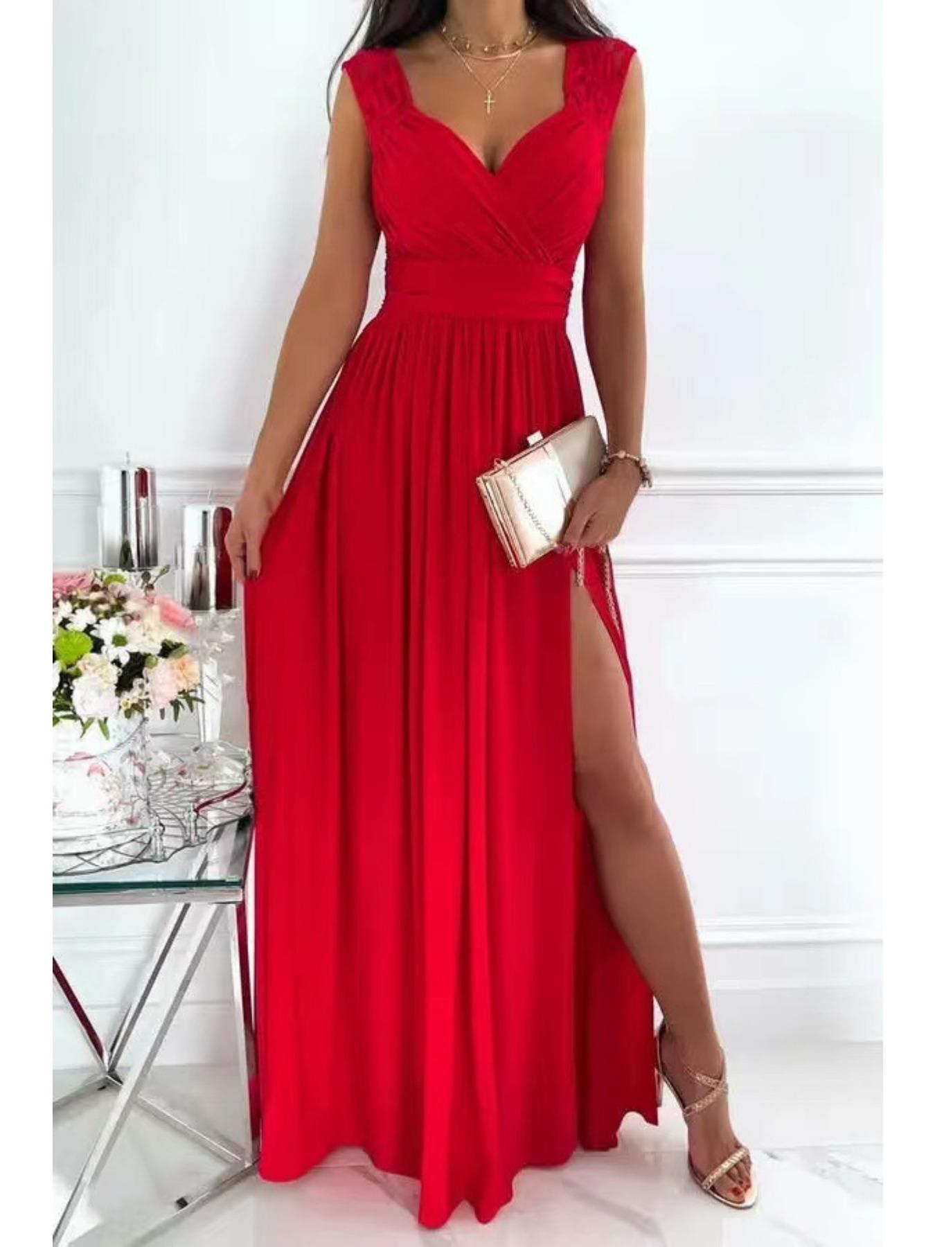 

V-образный вырез кружева однотонное платье облегающее талию перекрывающееся элегантное плиссированное платье для женщин без рукавов свободные платья повседневное платье L красный