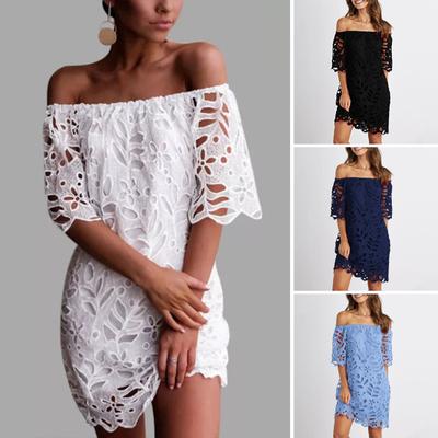 Women's Floral Lace Off Shoulder Mini Dress Summer Flared Short Sleeve Loose Short Dress for Beach Night Clubs Party