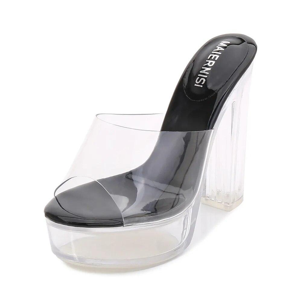 Frauen Dicke High Heels Flacher Mund Kristall Transparent Sexy Bühne Laufsteg 13 cm Absatz 3,5 cm Plattform WZ