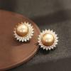 Light luxury high-end micro-inlaid zircon flower holder two-color pearl stud earrings with elegant golden pearl 925 silver needle earrings