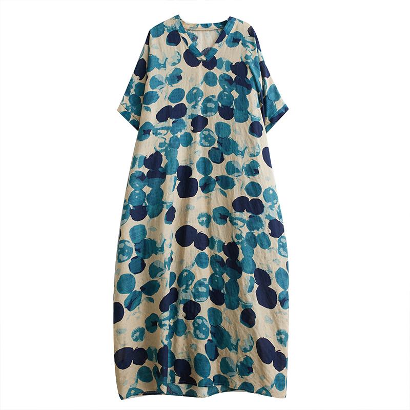 DIMANAF 2024 Plus Size Summer Dress Beach Women V-Neck Maxi Floral Print Holiday Soft Dot Blue Linen Loose Dresses