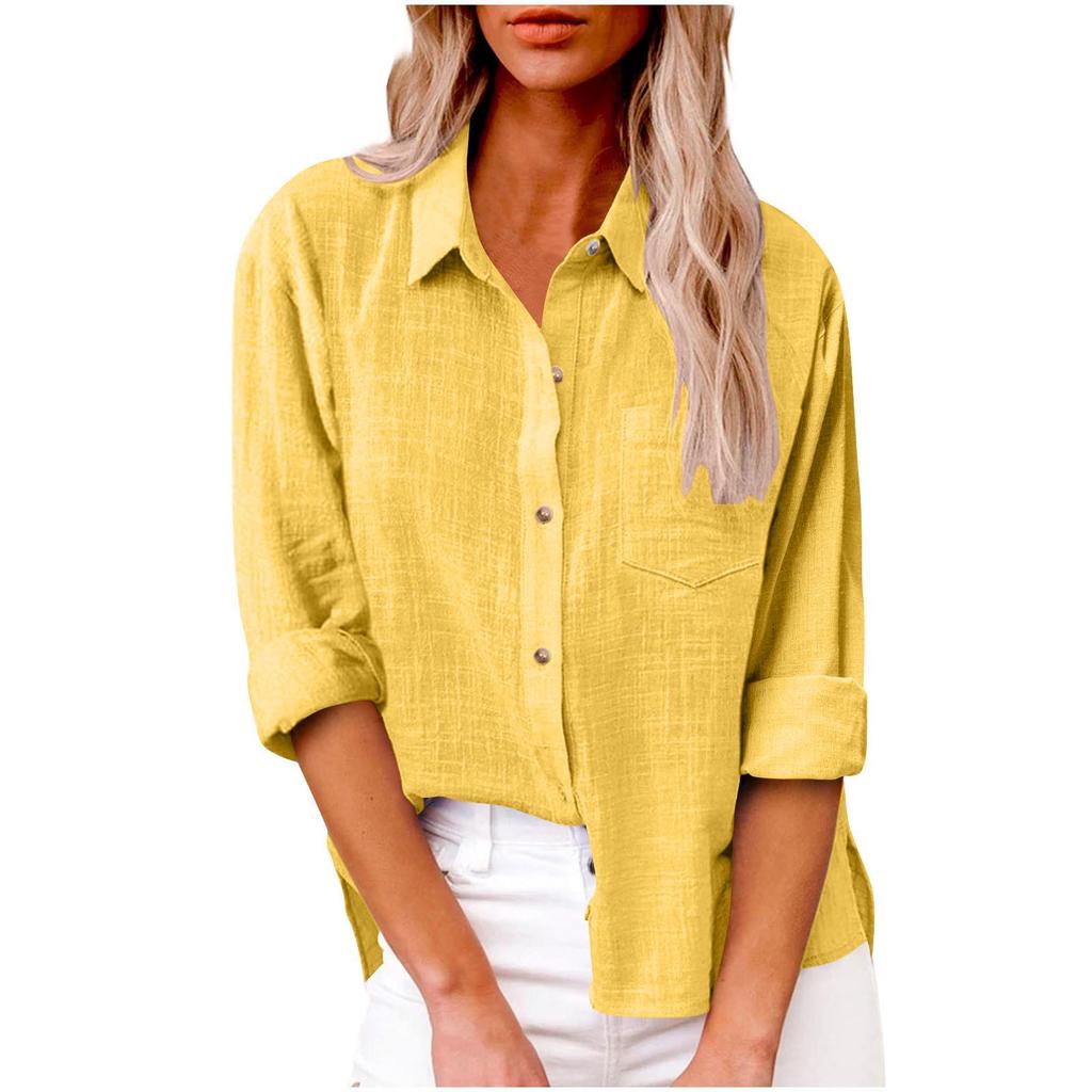 Autumn 2025 Women's Loose Fit Button-Up Cotton Linen Long Sleeve Top with Plain Color and Lapel