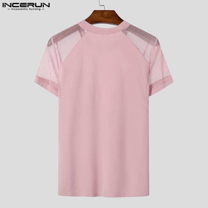 INCERUN Pánské letní tričko s krátkým rukávem síťované průhledné tričko Patchwork Party Clubwear Tops