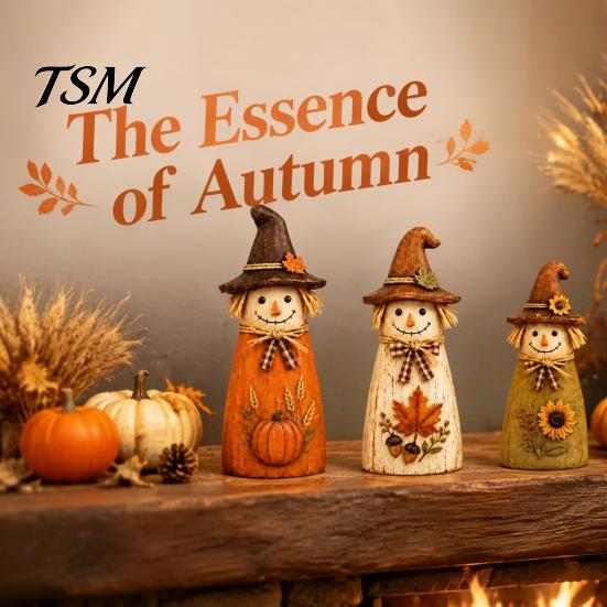 Festival Atmosphere Room Accessories Vintage Resin Scarecrow Figurines, Fall Harvest Pumpkin Sunflower Maple Cute Wizard Hat Ornaments Leaf